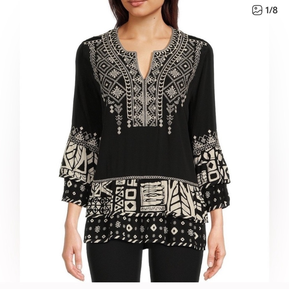 John Mark Black Cream Embroidered Merrow Edge Tunic Size L 46” - Picture 1 of 7
